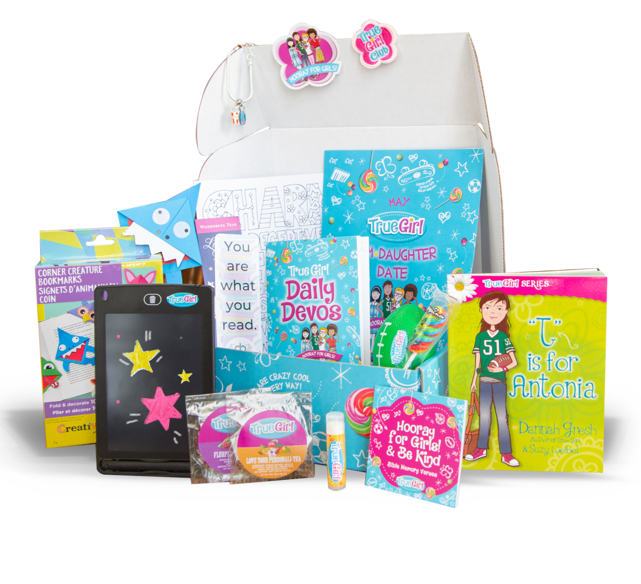 True Girl Faith Subscription Box with devotionals, crafts, and accessories displayed.